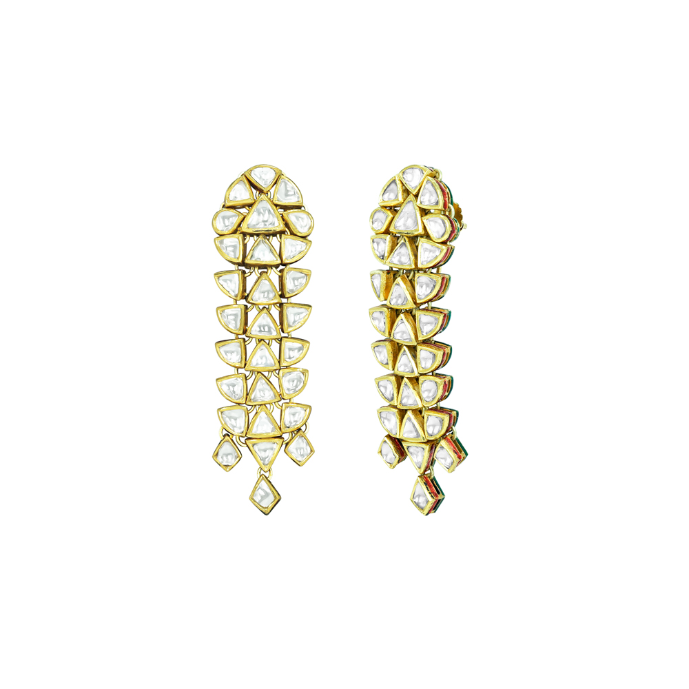 Tiered Polki Drop Earrings with Geometric Design